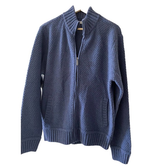 New Emozioni Uomo Men’s Wool Blue Knit‎ Cardigan Sweater Jacket Zip Ribbed Large - Picture 1 of 5